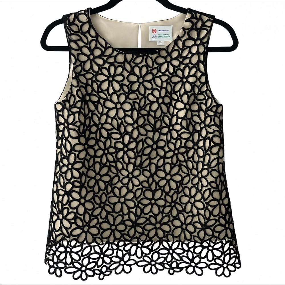 Neiman Marcus Lela Rose Women's Black Tan Floral Sleeveless Blouse | Size M